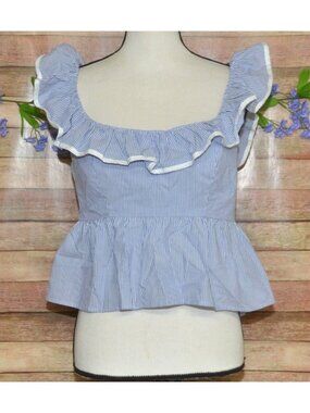 Sofie The Label Size L Blue Striped Ruffle Top Blouse Peplum Hem Nautical